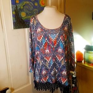 ALMOST FAMOUS 3X Artistic Multicolored w/ Black Cotton Lace in The Front Tunic